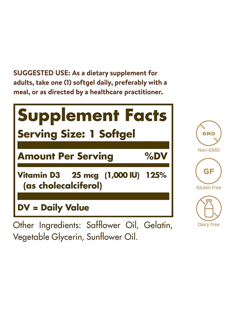 Solgar Vitamin D3 (Cholecalciferol) 1000 IU Softgel 100 tablets