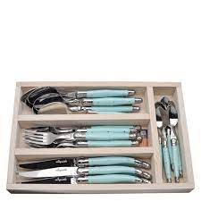 Jean Dubost 24 Pc Everyday Flatware Set with Turquoise Handles in a Tray