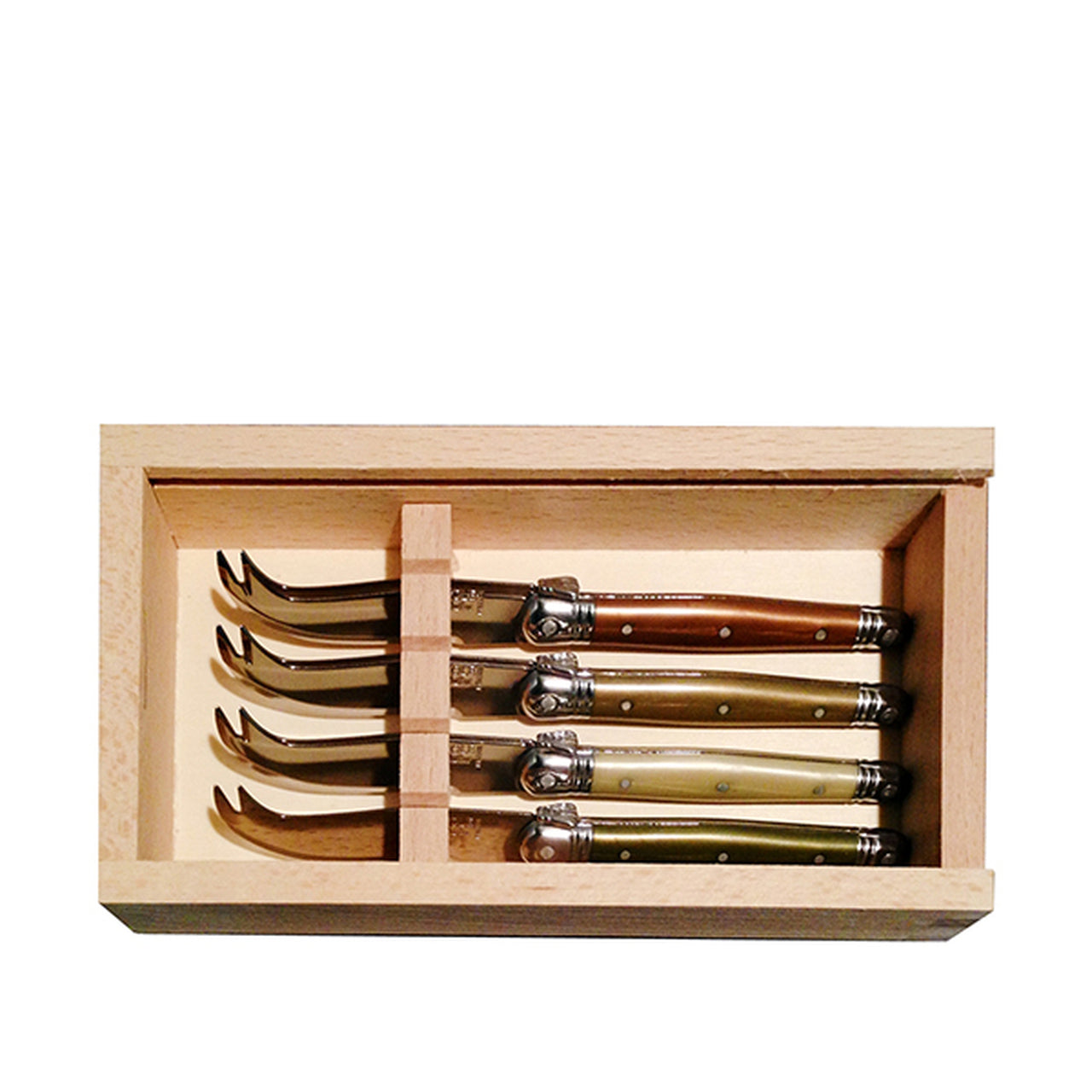 Jean Dubost 4 Mini Mineral Colored Cheese Knives in Slide Top Box